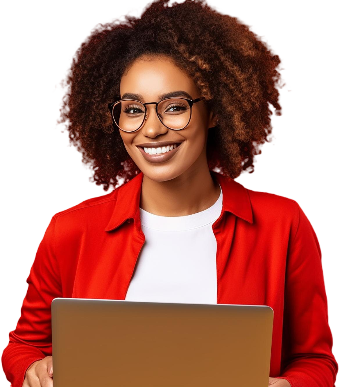happy-woman-with-laptop-red-background-generative-ai